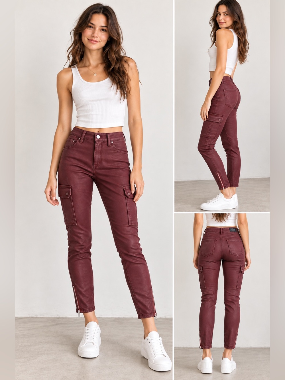 7 For All Mankind Burgundy Coated Cargo Skinny Pants Ankle Zip 24 NWT